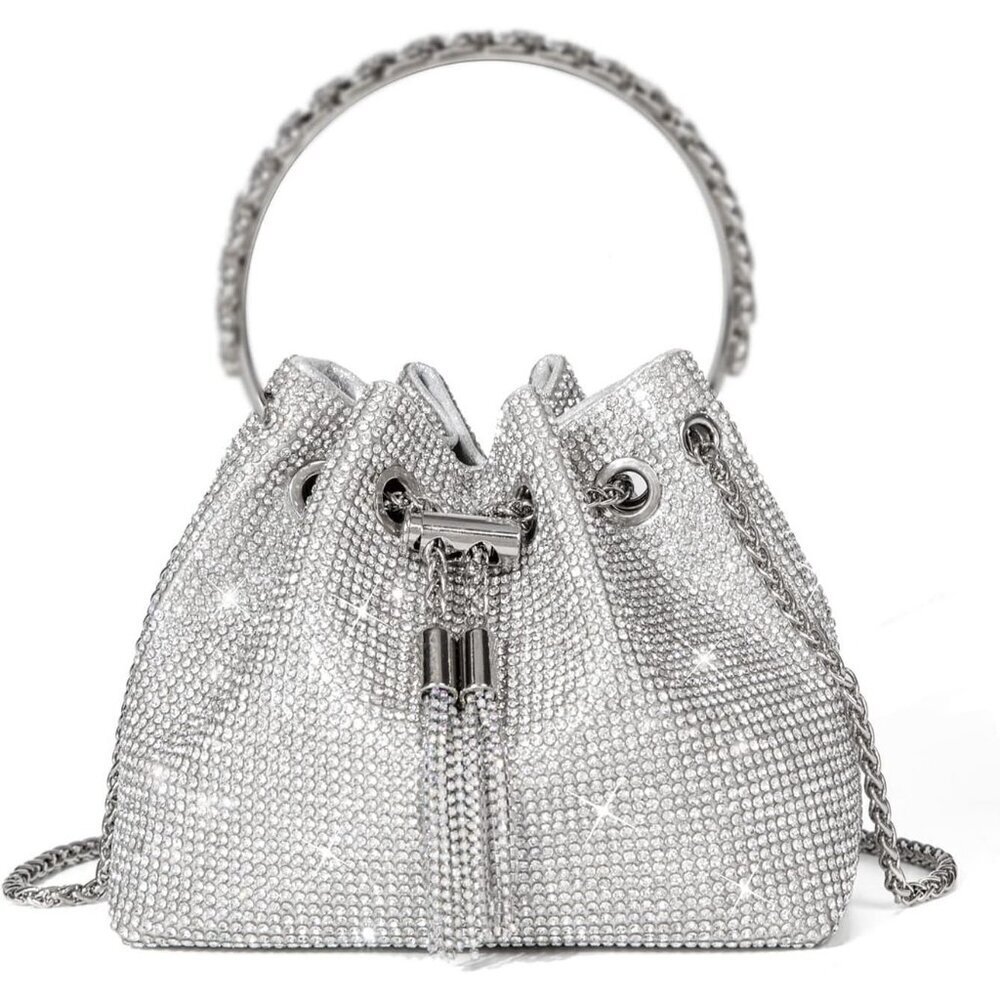 Women's Silver Crystal Rhinestone Modern Sparkly Wedding Party Crossbody Clutch